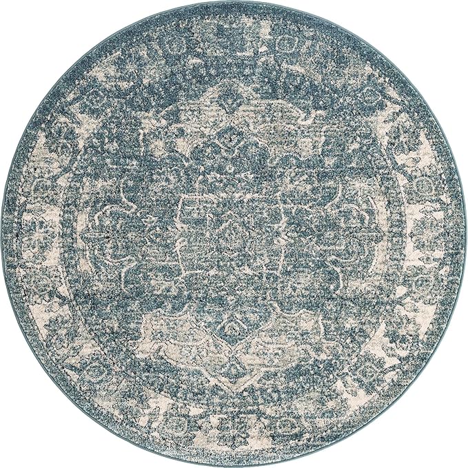 Unique Loom Isabella Collection Area Rug - Adjani (5' 1" Round, Blue/ Beige)
