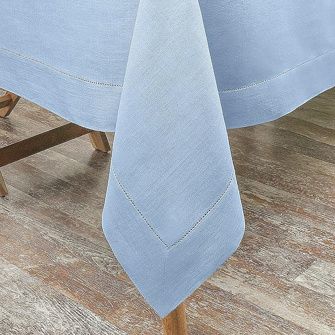 D'Moksha Homes Powder Blue Linen Tablecloth 60 x 120 Inch - 100% Pure Linen Hemstitch Tablecloth for Rectangle Tables - Classic Hemstitch, Machine Washable Table Cloth for Christmas, Holiday, New Year