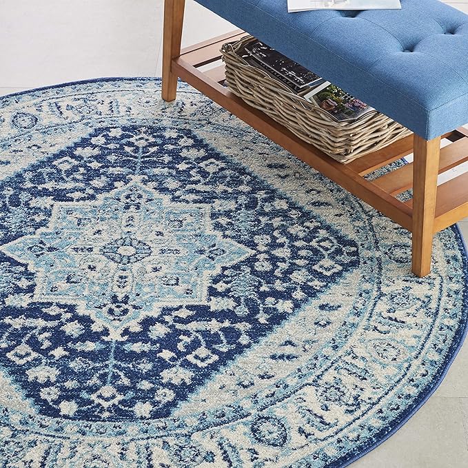 Nourison Home Tranquil Ivory/Navy 5'3" x Area Rug, Distressed, Bed, Living, Dining Room, Kitchen, Easy Cleaning, Non Shedding, (5' Round)