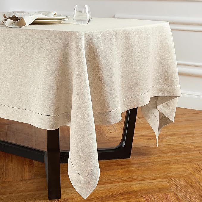Solino Home Linen Tablecloth 70 x 132 Inch - Sonoma Hemstitch 100% Pure Linen Flax Table Cloth for Rectangle Tables - Machine Washable Tablecloth