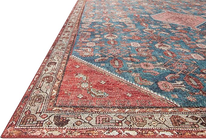 Loloi Layla Collection LAY-10 Marine/Clay 2'-6" x 12'-0" .13" Thick Runner Rug, Soft, Durable, Vintage Inspired, Distressed, Low Pile, Non-Shedding, Easy Clean, Printed, Living Room Rug