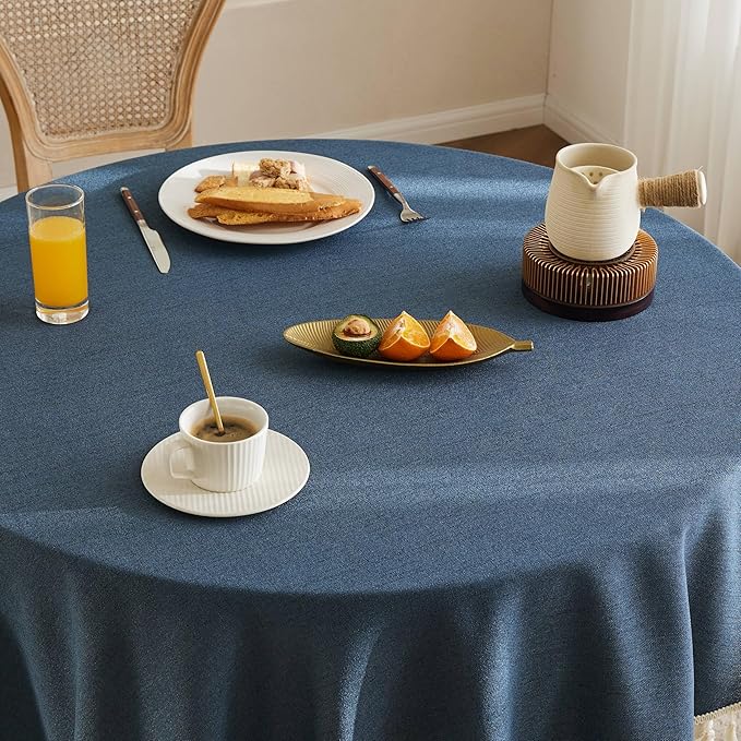 Linen Tablecloth with Tassels, Farmhouse Style Navy Tablecloth, Water Resistant Burlap Tablecloths for Round Table, 52 Inch Round Navy