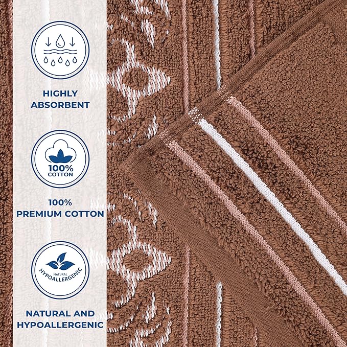 Superior Cotton 6 Piece Towel Set, 2 Bath, 2 Hand, 2 Washcloth/Face Towels, Quick Dry, Home Essentials, Shower, Spa, Luxury Plush Soft Absorbent Towels, Zero-Twist, Jacquard Floral, Chocolate