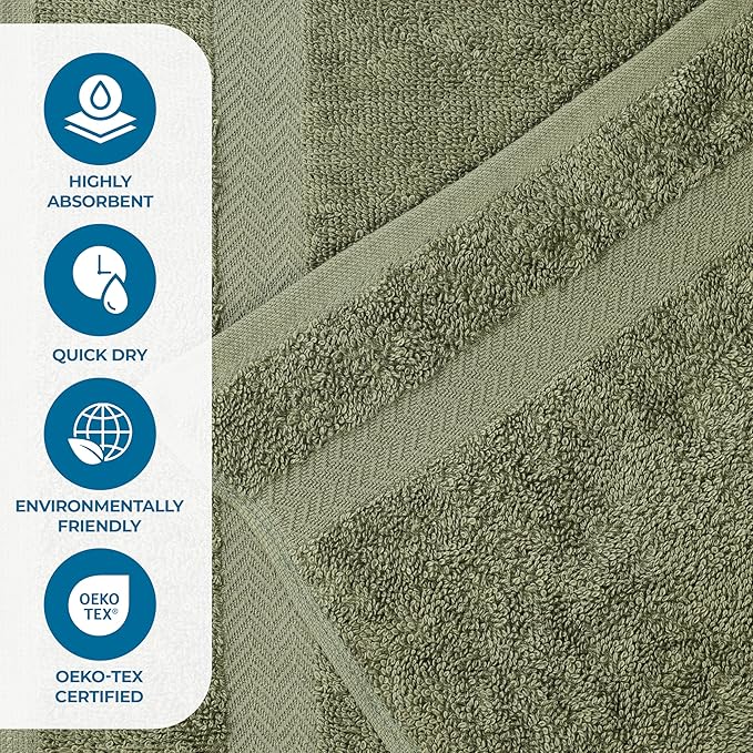 Superior 24-Piece Cotton Face Towel/Washcloth Set, Small Towels for Facial, Spa, Resort, Quick Wash, Gym, Resort, Bathroom Essentials, Master/Guest Bath Decor, Soft, Franklin Collection, Green