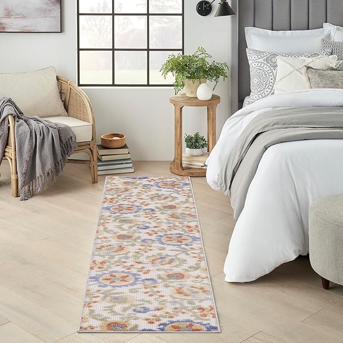 Nourison Home Aloha Ivory Blue 2'3" x 8' Area Rug - Easy Clean, Non Shedding, Bed Room, Living Room, Dining Room, Kitchen (8' Runner)
