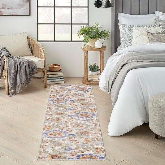 Nourison Home Aloha Ivory Blue 2'3" x 8' Area Rug - Easy Clean, Non Shedding, Bed Room, Living Room, Dining Room, Kitchen (8' Runner)
