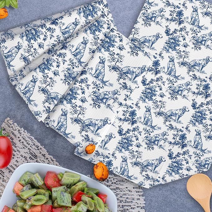 Chinoiserie Golden Retriever Kitchen Towels Set of 4,Blue and White Floral Golden Retriever Decorative Dish Tea Towels, Grandmillennial Botanical Dog Hand Towels for Kitchen Bathroom, 16x24 Inch