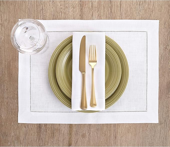 Solino Home White Linen Napkins Set of 4-100% Pure Linen Hemstitch Dinner Napkins 20 x 20 Inch for Winter, Valentines, Holiday, New Year - Classic Hemstitch
