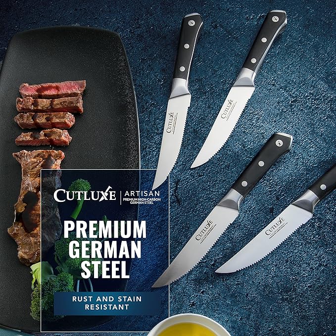 Cutluxe Steak Knives Set of 4, Serrated Steak Knives – Forged High Carbon German Steel, Full Tang, Ergonomic Handle Design – Artisan Series