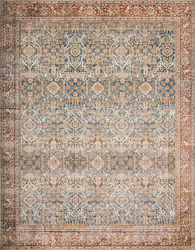 Loloi Layla Collection LAY-04 Ocean/Rust 7'-6" x 9'-6" .13" Thick Area Rug, Soft, Durable, Vintage Inspired, Distressed, Low Pile, Non-Shedding, Easy Clean, Printed, Living Room Rug