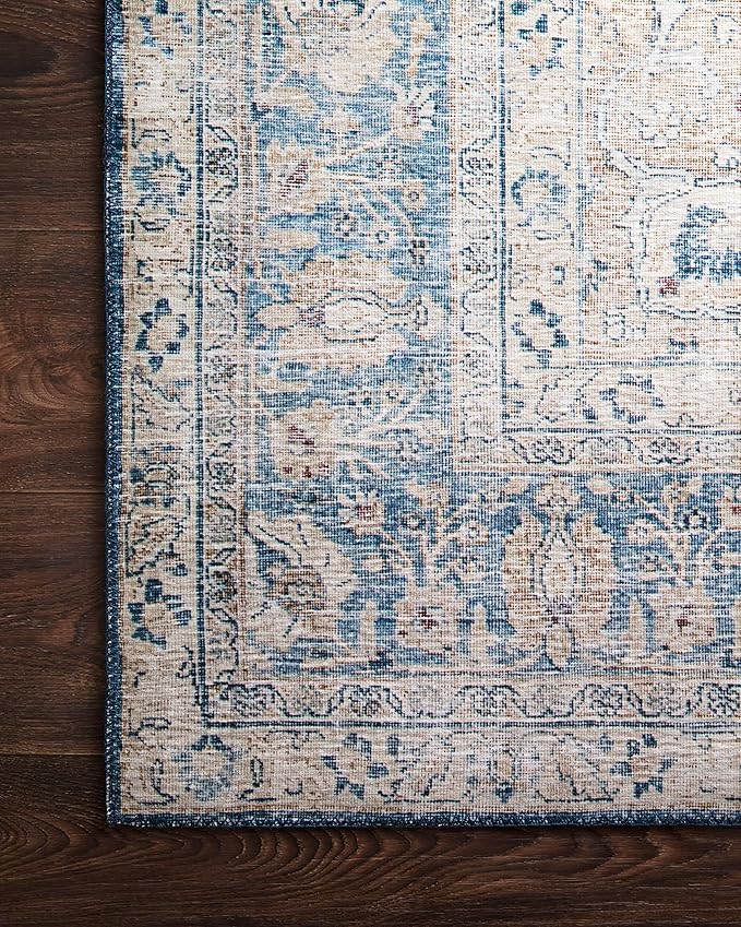 Loloi Layla Collection LAY-07 Blue/Tangerine 2'-3" x 3'-9" .13" Thick Accent Rug, Soft, Durable, Vintage Inspired, Distressed, Low Pile, Non-Shedding, Easy Clean, Printed, Living Room Rug