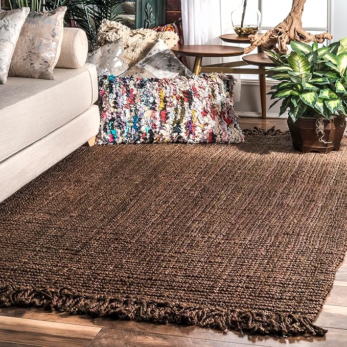 Nuloom Daniela Chocolate, 7'6" x 9'6", Handmade, Jute, Tassel, Soft and Textured, High Traffic, Stain Resistant, Easy Clean, Durable Area Rug for Bedroom, Living Room, Dining Space, Foyer, Entryway