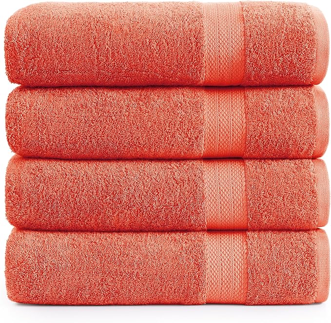 LANE LINEN 100% Ring Spun Cotton Bath Towels (28"x54") - 4 Pieces - Large Towels for Bathroom - Quick Drying, Soft & Absorbent Large Shower Towel Set - Used in Gym, Hotel, Spa, Home - Living Coral