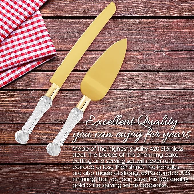 wedding knife and server set gold, Gold Cake Cutter and Pie Spatula, Cake Server and Knife Set of 2 with Crystal Handles, 1.2mm Thick Blades,Cake Cutting Set for Wedding Cake, Birthdays, and Parties