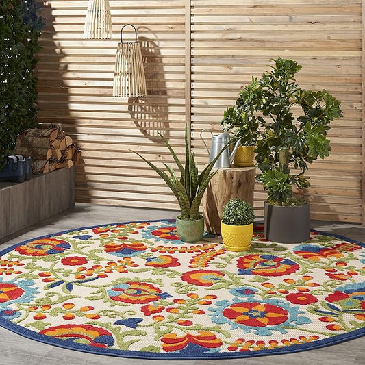 Nourison Home Aloha Multicolor 7'10" x Round Area Rug - Easy Clean, Non Shedding, Bed Room, Living Room, Dining Room, Kitchen (8' x Round)