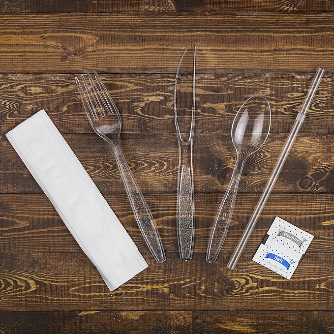 100 pack | Clear Heavy Duty Plastic Disposable Cutlery Set | 6 in 1 Utensil Set with Fork, Spoon, Knife, Napkin, Straw, Salt/Pepper Packets