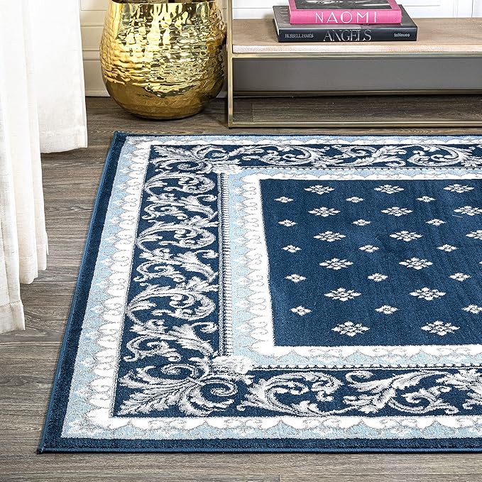 JONATHAN Y Acanthus French Border Navy/Blue Indoor Area Rug, 4x6, Vintage, Bohemian, Easy-Cleaning for Living Room, Bedroom, Kitchen, Pet Friendly, Non-Shedding (MDP504C-4)