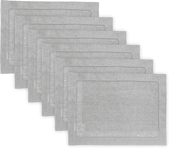 Solino Home Linen Cloth Placemats Set of 6-100% Pure Linen Hemstitch Soft Grey Placemats 14 x 19 Inch - Classic Hemstitch Table Place Mats for Winter, New Year