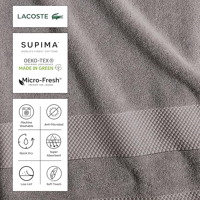 Lacoste Heritage 100% Supima Cotton Bath Sheet, Croc Green, 35" x 70" – Highly Absorbent & Quick Drying, Premium Super Soft Bath Towel, Bathroom Essential, Gift for All Occasions, Machine Washable