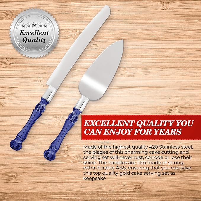 Cake Knife and Server Set, Cake Cutter and Pie Spatula, Cake Server and Knife Set with Acrylic Crystal Handles, Cake Cutting Set for Wedding Cake – 1.2mm Thick Blades, Birthdays, and Parties (Blue)