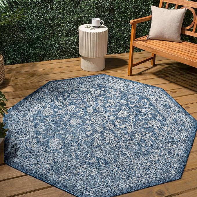 JONATHAN Y Weave Floral Indoor Outdoor Octagon Area Rug 8 Ft Navy/Gray, Tela Bohemian Textured for Backyard, Patio, Porch, Easy-Cleaning, High Traffic, Pet-Friendly, Non-Shedding (SMB100B-8TGN)