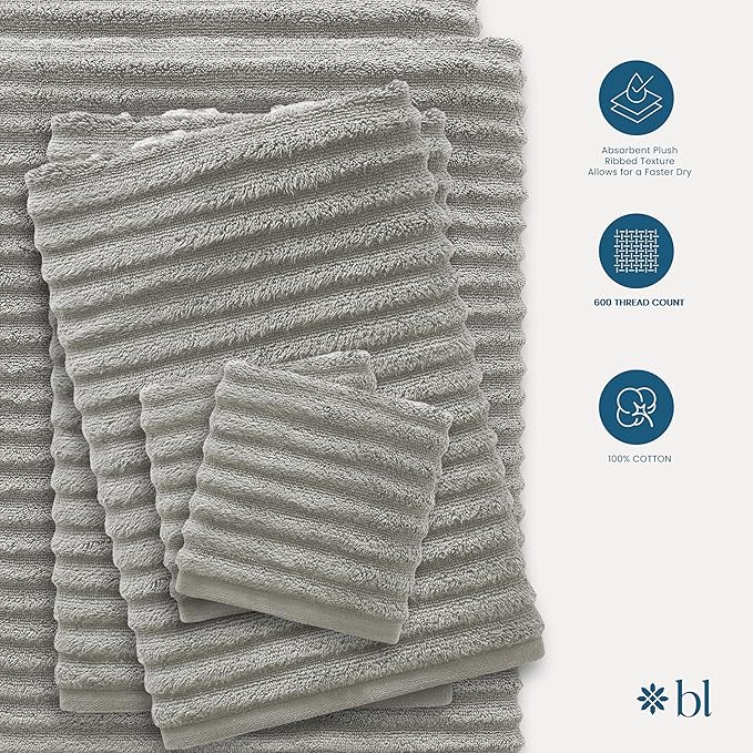 Blue Loom Ribbed Bath Towels Set, 100% Cotton 600 GSM, Soft Absorbent Durable Quick Drying 2 Bath Towels for Bathroom - Mason Set of 2 Stone Grey (58" x 30" Inch)