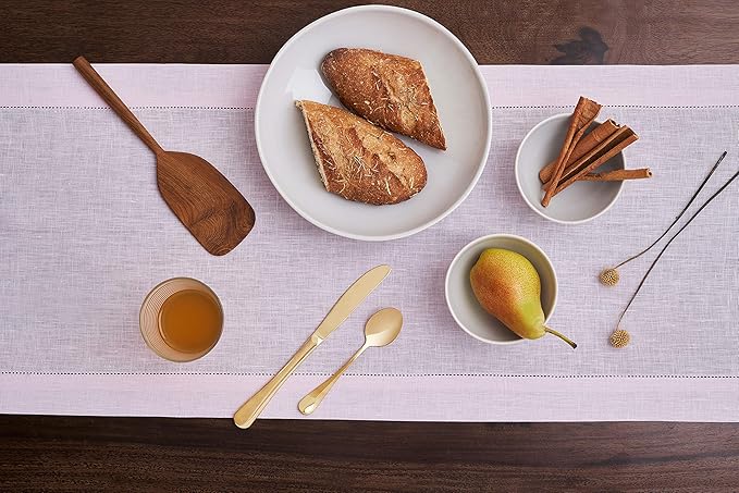 D'Moksha Homes Linen Pastel Pink Table Runner 120 Inches Long - 100% Pure Linen Hemstitch 14 x 120 Inch Table Runner for Dining, Winter, Holiday, New Year - Classic Hemstitch