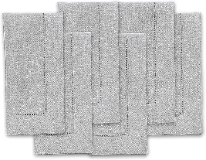 Solino Home Linen Napkins Set of 6 - Classic Hemstitch 100% Pure Linen Soft Grey Dinner Napkins Cloth 20 x 20 Inch for Winter, New Year - Handcrafted and Machine Washable