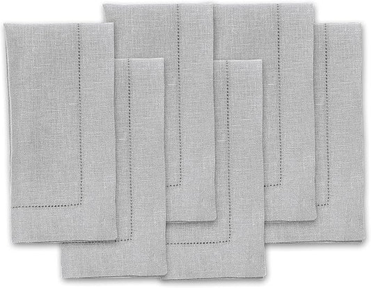 Solino Home Linen Napkins Set of 6 - Classic Hemstitch 100% Pure Linen Soft Grey Dinner Napkins Cloth 20 x 20 Inch for Winter, New Year - Handcrafted and Machine Washable