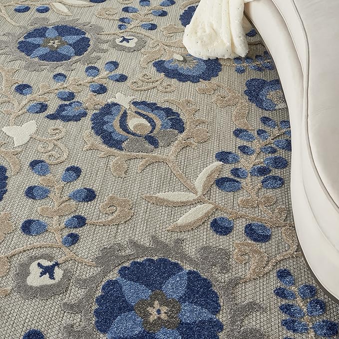 Nourison Aloha Indoor/Outdoor Natural/Blue 3'6" x 5'6" Area -rug, Easy -cleaning, Non Shedding, Bed Room, Living Room, Dining Room, Backyard, Deck, Patio (4x6)