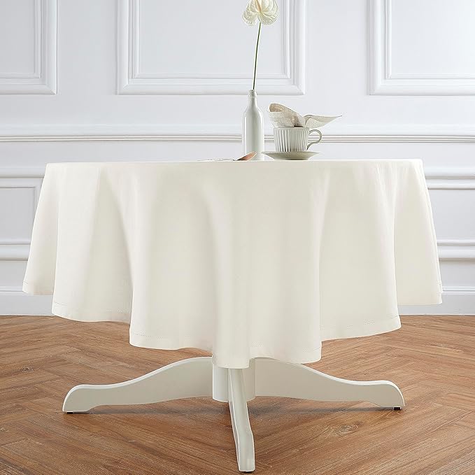 Solino Home Linen 60 Inch Round Tablecloth - 100% Pure Linen Ivory Round Tablecloth - Machine Washable Table Cloth for New Year - Sonoma Hemstitch