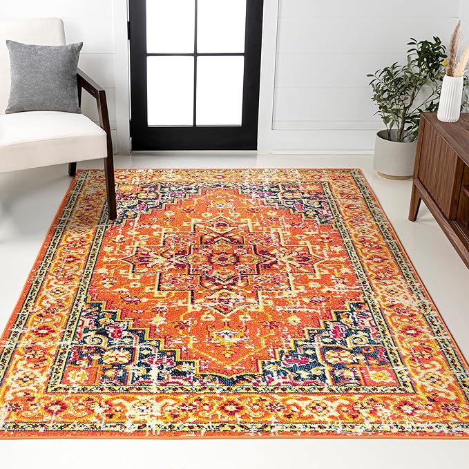 JONATHAN Y Brooklyn Geometric Medallion Orange/Blue Indoor Area Rug, 4x6, Vintage, Bohemian, Easy-Cleaning for Living Room, Bedroom, Kitchen, Pet Friendly, Non-Shedding (MDP207D-4)