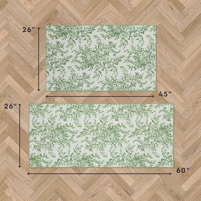 Laura Ashley Sage Ivory Bedford Floral Machine Washable & Slip Resistant 2 Piece Set - 26" x 45" Accent Rug & 26" x60" Runner Rug