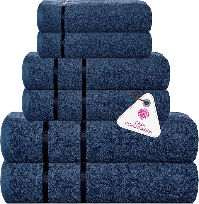 CASA COPENHAGEN Eternal 6 Pieces Towel Set- Navy Blue, 500 GSM 2 Bath Towel 2 Hand Towel 2 Washcloth, Designed in Denmark Made of Soft Egyptian Cotton for Bathroom, Kitchen & Shower