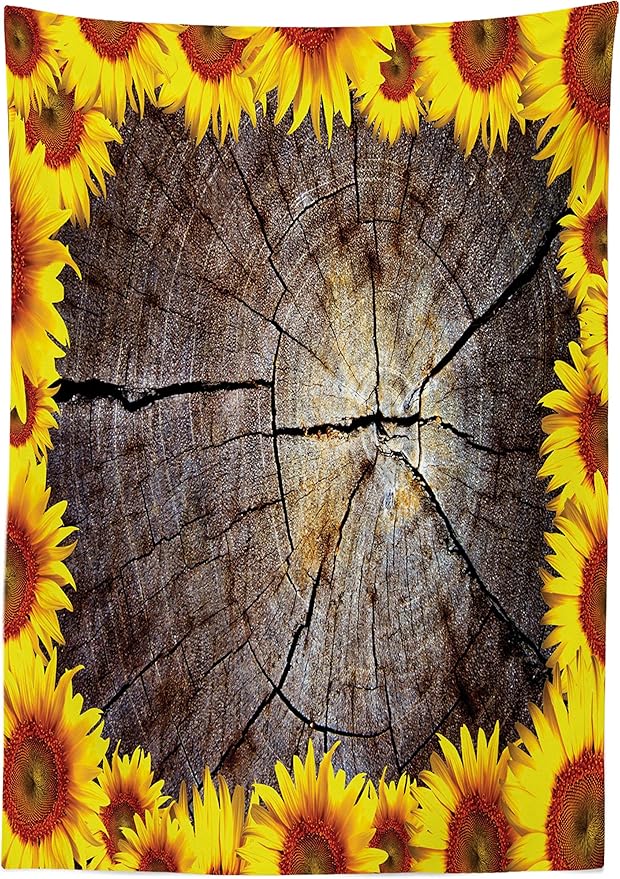 Ambesonne Sunflower Tablecloth, Cut Section Wood Stump Sunflowers Tree Trunk Rustic Ornamental, Rectangular Table Cover for Dining Room Kitchen Decor, 52" X 70", Seal Brown