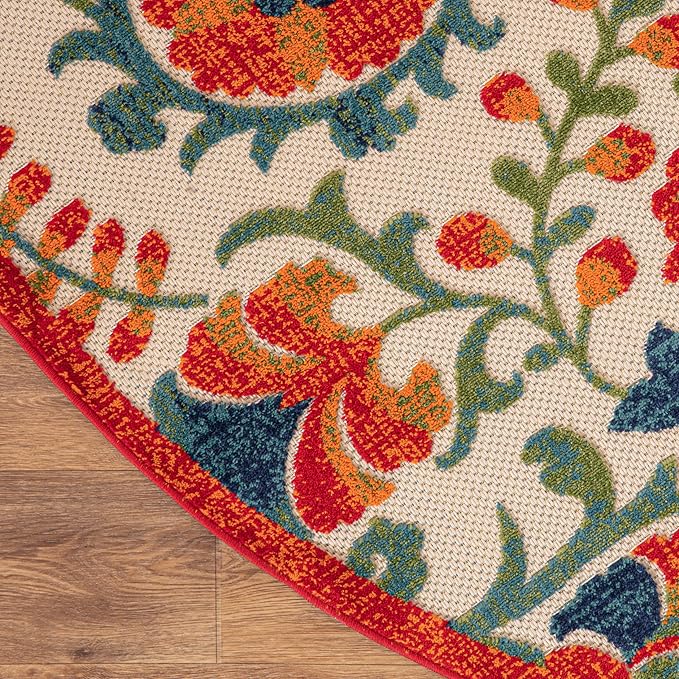 Nourison Home Aloha Red Multicolor 7'10" x Round Area Rug - Easy Clean, Non Shedding, Bed Room, Living Room, Dining Room, Kitchen (8' x Round)