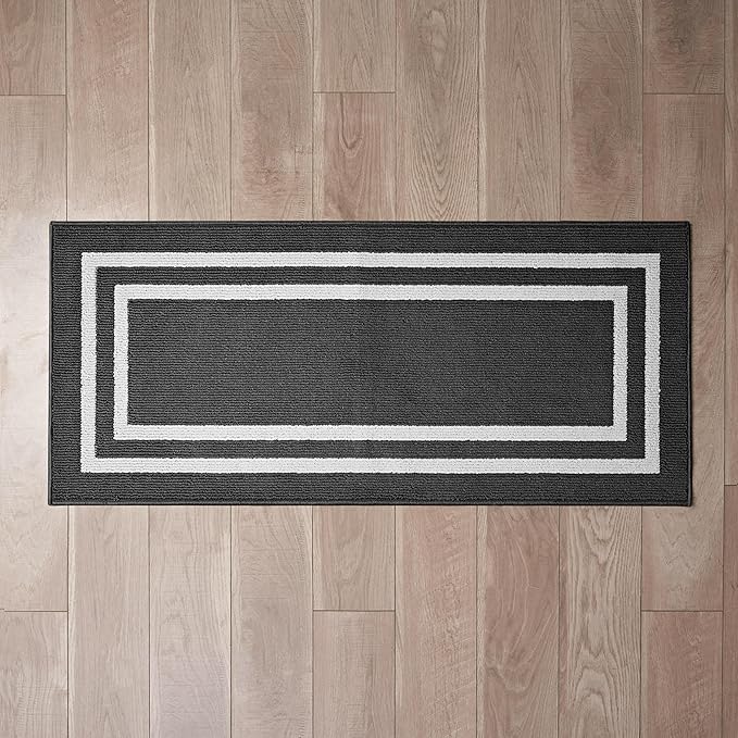 Nautica – Runner Rug | Indoor Runners for Hallways and Entry Rugs| Non-Slip and Non-Skid Entry and Kitchen Door Mat| Machine Washable Entryway Carpet Rugs |26” x 60” | Double Border Dark Grey