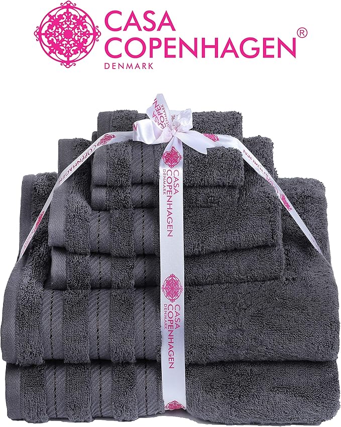CASA COPENHAGEN Bella 6 Pieces Towel Set- Pinstripe Grey, 600 GSM 2 Bath Towel 2 Hand Towel 2 Washcloth, Designed in Denmark Made of Soft Egyptian Cotton for Bathroom, Kitchen & Shower