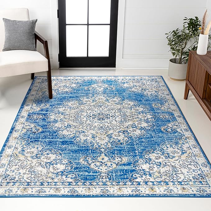 JONATHAN Y Boho Vintage Blue/Cream Indoor Area Rug, 4x6, Bohemian Flair Medallion, Chic, Floral, Easy-Cleaning, High Traffic for Living Room, Bedroom, Kitchen, Pet Friendly, Non-Shedding (BMF104B-4)