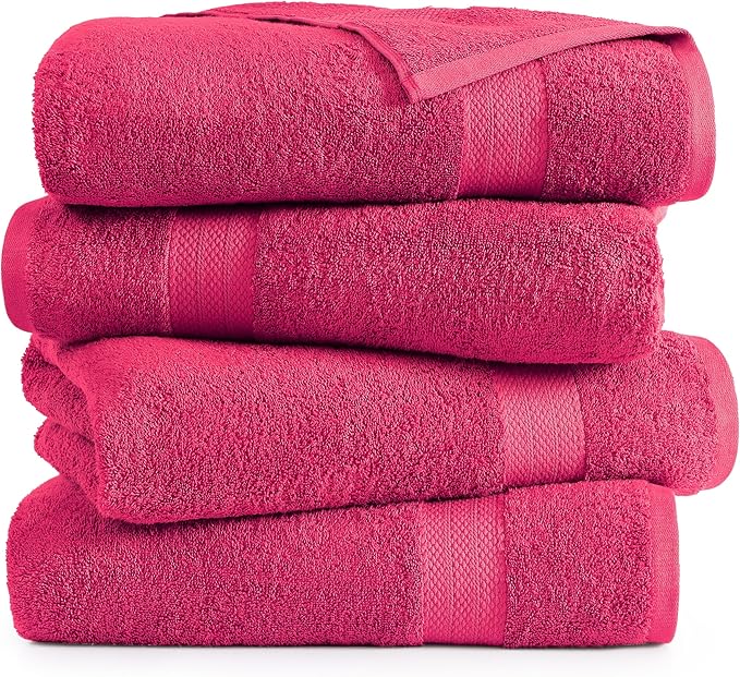 LANE LINEN Luxury 100% Ring Spun Cotton Large Bath Towels Set of 4 (28"x54") - Everyday Bathroom Towel 4 Pack - Quick Dry, Super Soft & Absorbent Large Towels Set - Dorm Essentials for Girls - Fuchsia