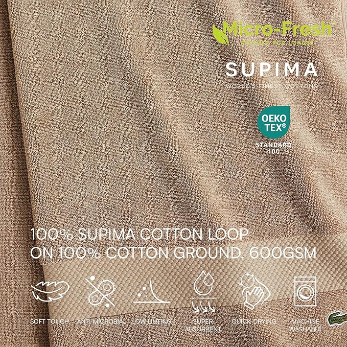 Lacoste Heritage 100% Supima Cotton Bath Towel, Sand, 30" x 54" – Highly Absorbent & Quick Drying, Premium Super Soft Bath Towel, Bathroom Essential, Gift for All Occasions, Machine Washable