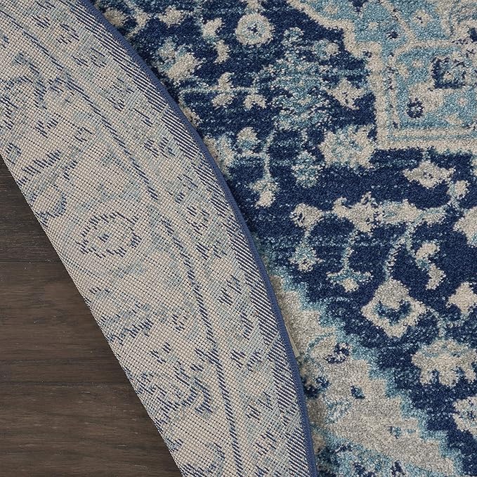 Nourison Home Tranquil Ivory/Navy 5'3" x Area Rug, Distressed, Bed, Living, Dining Room, Kitchen, Easy Cleaning, Non Shedding, (5' Round)
