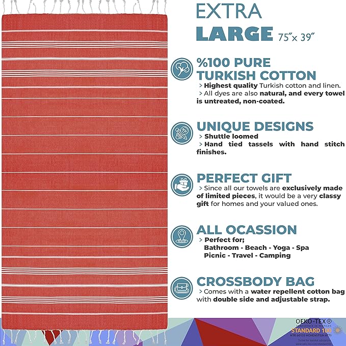Madamelique Turkish Beach Towel with Beach Bag - 39 x 74 - Prewashed Beach Towels Oversized -%100Cotton - Quick Dry - Sand Free - Hand Loomed Turkish Bath Towels - Unique Absorbent Towel (Red)