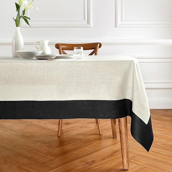 Solino Home Linen Tablecloth 60 x 90 Inch - 100% Pure Linen Black and Natural Rectangular Tablecloth - Machine Washable Table Cloth for Winter - Contempo
