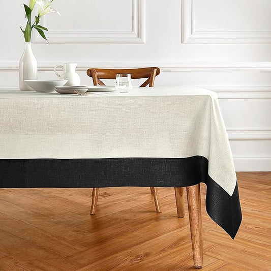 Solino Home Linen Tablecloth 60 x 90 Inch - 100% Pure Linen Black and Natural Rectangular Tablecloth - Machine Washable Table Cloth for Winter - Contempo