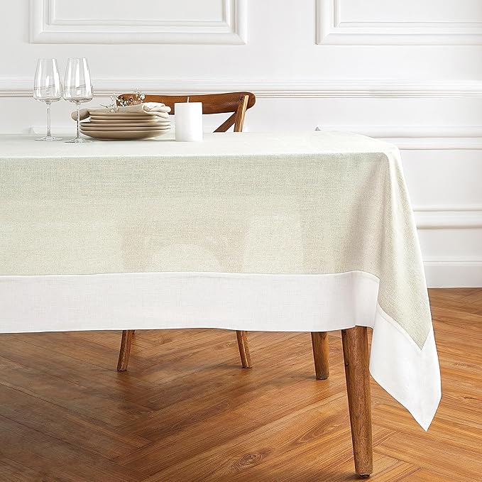 Solino Home Linen Tablecloth 52 x 52 Inch - 100% Pure Linen White and Natural Square Tablecloth - Contempo, Machine Washable Table Throw for Holiday, Winter