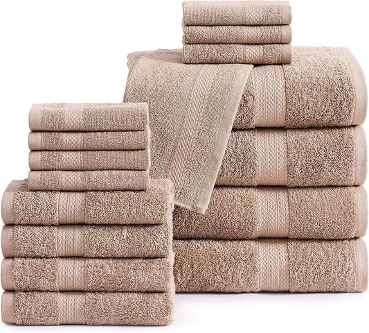 LANE LINEN 100% Mercerized Cotton Bathroom Towel Set - 16 Pieces - Fluffy, Super Soft & Highly Absorbent - 4 Bath Towels, 8 Washcloths, 4 Hand Towels - Ring Spun, Double Sided Cotton Terry - Taupe