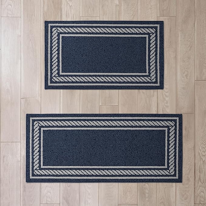 Nautica – Runner Rug 2 Piece Set | Indoor Runners for Hallways and Entry Rugs| Non-Skid Entry and Kitchen Door Mat| Machine Washable Carpet Rugs | 2'2" x 3'9" and 2'2" x 5' | Rope Border Denim
