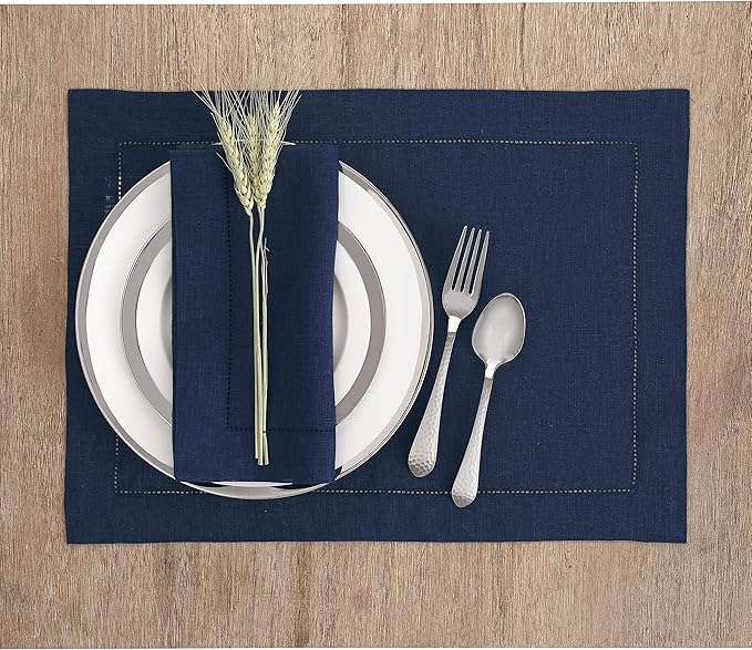Solino Home Linen Cloth Placemats Set of 6-100% Pure Linen Hemstitch Navy Blue Placemats 14 x 19 Inch - Classic Hemstitch Table Place Mats for Holiday, Winter, New Year