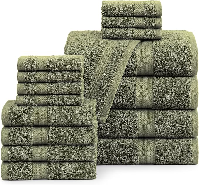 Lane Linen 100% Cotton Luxury Bath Towel Set - 16 Pieces - Ring Spun, Super Soft & Highly Absorbent - 4 Bath, 8 Washcloths, 4 Hand Towels for Bathroom - Minimal Lint & Fading, Pre Shrunk - Olive Green